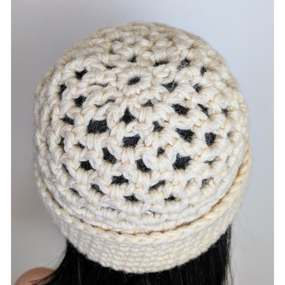 John Molloy Ireland Pure Virgin Wool Cream Crochet Hat Hand Knit Center Rosette - Picture 4 of 11